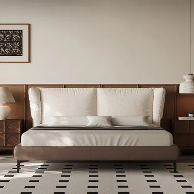 Homary King Size Boucle & Leather Upholstered Modern White & Brown Platform Bed With Pillow Headboard