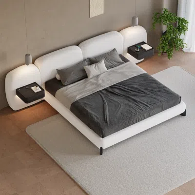 Homary King Size Curva Boucle Upholstered Bed Frame With Extended Headboard & Floating Smart Nightstand Set In White