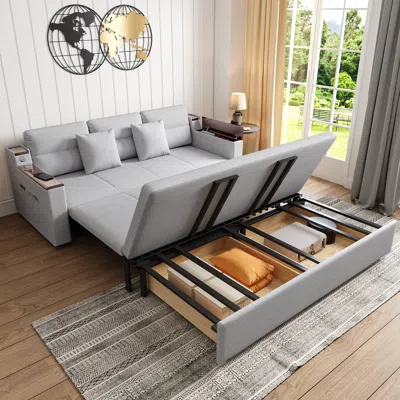 Homary King Size Daybed With Trundle Linen Pull Out Sofa Bed In Gray