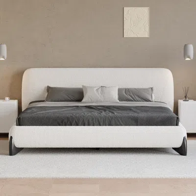 Homary King Size Modern Upholstered Bed Frame With Headboard White Boucle Mid-century Modern Platfor