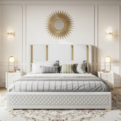 Homary King Size Upholstered Bed Frame With Polished Gold And Faux Leather Headboard & Nightstands Set In White