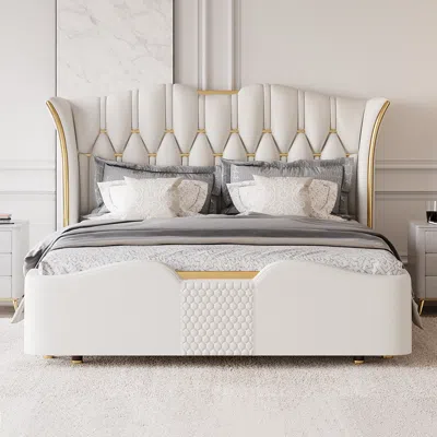 Homary King Size Upholstered Bed Frame With Tufted Wingback Headboard In White