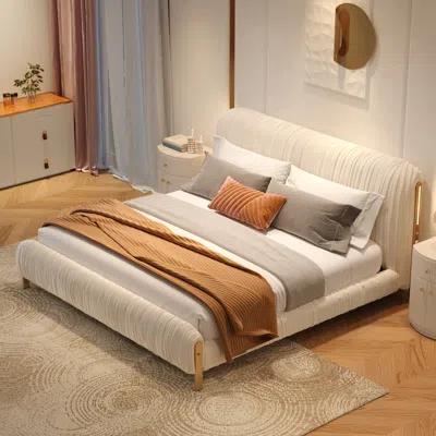 Homary King Size Velvet Ruched Upholstered Bed Frame With Headboard Modern Platform Bed With Light & Chargi In Brown