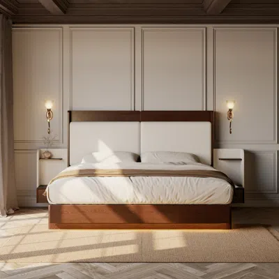 Homary King Solid Wood Bed With Leather Extended Headboard & Floating Smart Nightstand Set In Brown