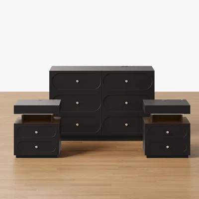 Homary Krila Black 6-drawer Dresser & 2 Smart Nightstands Set
