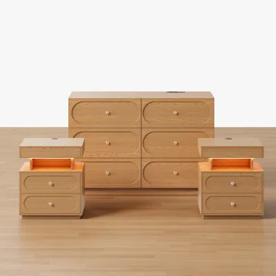 Homary Krila Natural 6-drawer Dresser & 2 Smart Nightstands Set In Brown