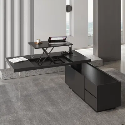 Homary L Shaped Executive Office Desk Standing Desktop With Side Cabinet And Lifter Desktop Right Hand(71.5 In Black