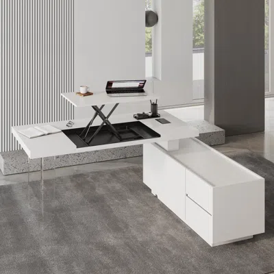 Homary L Shaped Executive Office Desk Standing Desktop With Side Cabinet And Lifter Desktop Right Hand(71.5 In White
