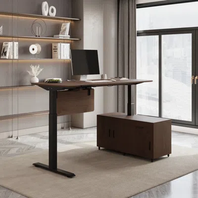 Homary L Shaped Executive Office Desk With Adjustable Electric Standing Desktop Walnut Office Furniture Rig In Brown
