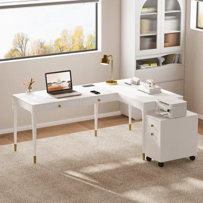 Homary L Shaped Executive Office Desk With Adjustable Standing Desktop White Office Furniture Right Hand (7