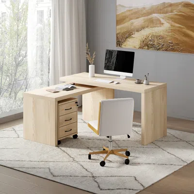 Homary L Shaped Executive Office Desk With With Movable File Cabinet Distressed White Office Furniture (59. In Neutral