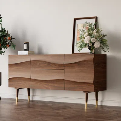 Homary Lake 71" Walnut Sideboard Credenza With Storage Buffet Kitchen Cabinet Wavy Mid-century In Brown