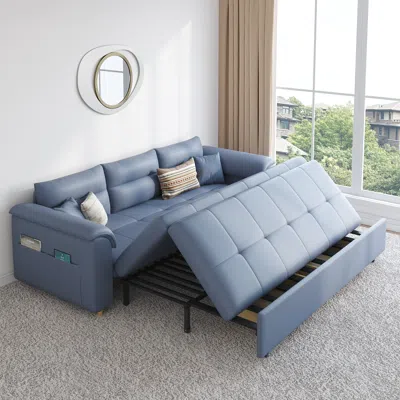 Homary Leather Queen Size Sleeper Sofa With Trundle Pull Out Convertible Daybed In Blue