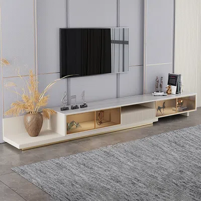 Homary Led Light Extendable Tv Stand Light Khaki Floor Media Console With Glass Door & Drawers In Multi