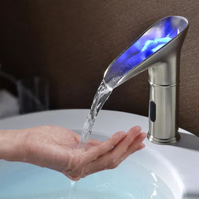Homary Led Single Hole Touchless Electronic Bathroom Sink Waterfall Faucet In Brushed Nickel In Silver