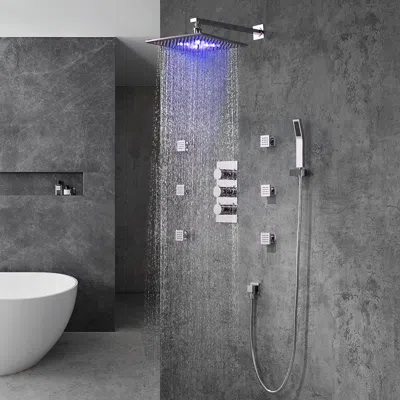 Homary Led Wall Mount 12" Shower Set With Hand Shower & Body Spray Jets In Polished Chrome In Silver