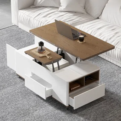Homary Lift Top Coffee Table Multifunctional Walnut And White Table With Drawers And Shelves