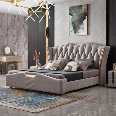 Homary Light Gray Upholstered Tufted King Bed With Wingback Headboard