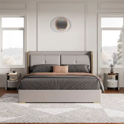 Homary Light Gray Wingback King Bed With Faux Leather Upholstered Headboard & 2 Nightstands Set With Glass 