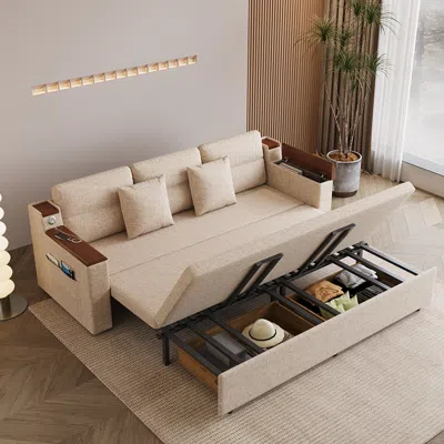 Homary Linen Pull Out Daybed With Storage King Size Sofa Bed With Trundle In Neutral