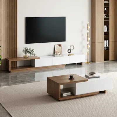 Homary Living Room Cabinet Set 100.4" Extendable Tv Stand & 68.9" Retracted Coffee Table Set In Brown