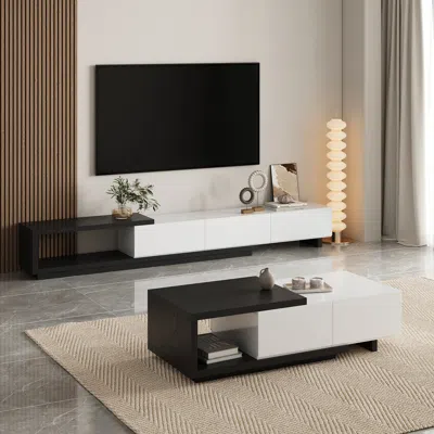 Homary Living Room Cabinet Set 100.4" Extendable Tv Stand & 68.9" Retracted Coffee Table Set In Black