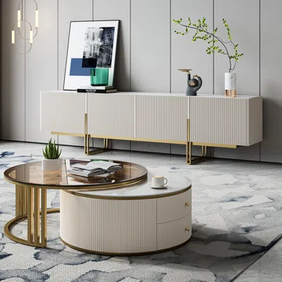 Homary Living Room Cabinet Set 78.7" Off White Tv Stand & Round Glass Nesting Coffee Table With Storage In Neutral