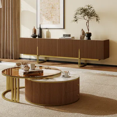 Homary Living Room Cabinet Set 78.7" Sintered Stone Top Walnut Tv Stand & Round Glass Nesting Coffee Table  In Brown
