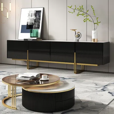 Homary Living Room Cabinet Set 86.6" Black Tv Stand & Round Glass Nesting Coffee Table With Storage In Gold
