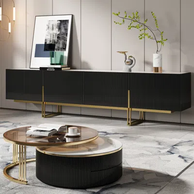 Homary Living Room Cabinet Set 94.5" Black Tv Stand & Round Glass Nesting Coffee Table With Storage In Multi