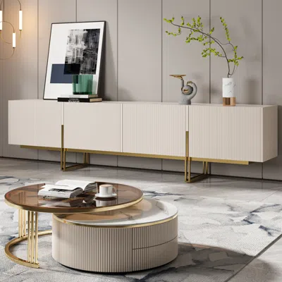 Homary Living Room Cabinet Set 95" Off White Tv Stand & Round Glass Nesting Coffee Table With Storage In Neutral