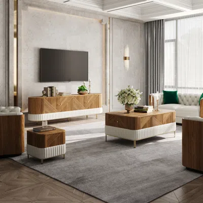Homary Living Room Cabinet Set Mid-century Modern Walnut & Leather Tv Stand & Coffee Table Set In Multi