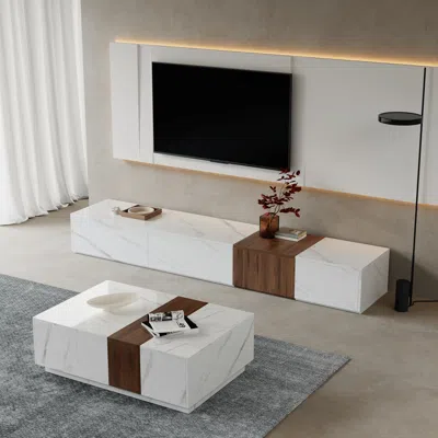 Homary Living Room Cabinet Set Mid-century Modern Wood Block Tv Stand & Coffee Table Set In White
