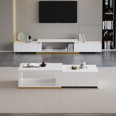 Homary Living Room Cabinet Set Rectangle Glossy White Extendable Tv Stand & 70.8" Glossy White Coffee Table