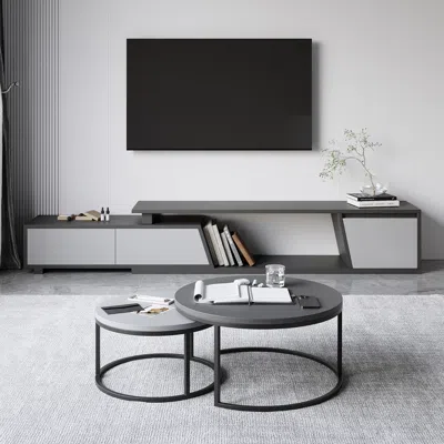 Homary Living Room Cabinet Set Rectangle Gray Extendable Tv Stand & Wood Round Nesting Coffee Table In Black