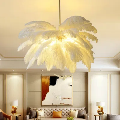 Homary Loftus Art Deco 5-light Chandelier White Feather Pendant Light Led Lamp Living Room In Gold