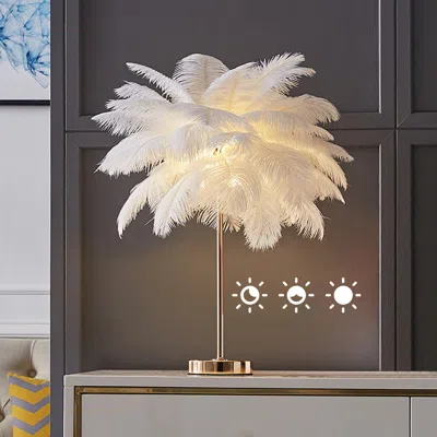 Homary Loftus Art Deco Gold Portable Table Lamp With White Feather Usb Charging & Dimmable