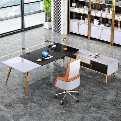 Homary L-shaped Writing Modern Right Hand Corner Executive Desk With Storage In White & Gold & Black