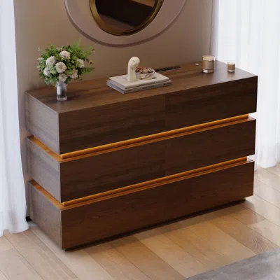Homary Lumio 47" Led 6-drawer Dresser With Charging Station In Brown
