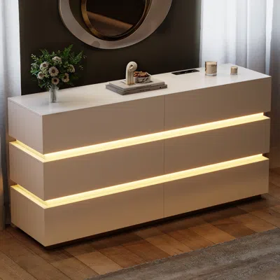Homary Lumio 47" Led 6-drawer Dresser With Charging Station In Brown