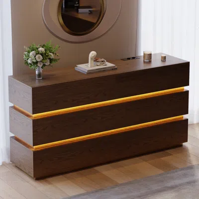 Homary Lumio 59" Led 6-drawer Dresser With Charging Station In Brown