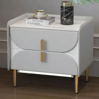 Homary Luxury Gray Nightstand Sintered Stone Top Microfiber Leather Upholstery With Led Light In White