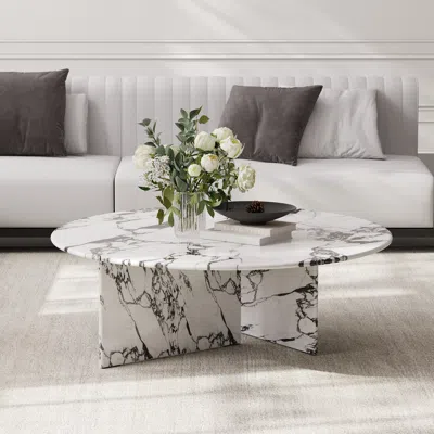 Homary Luxury Marble Round Coffee Table With 2 Marble Legs Modern White & Black Accent Table