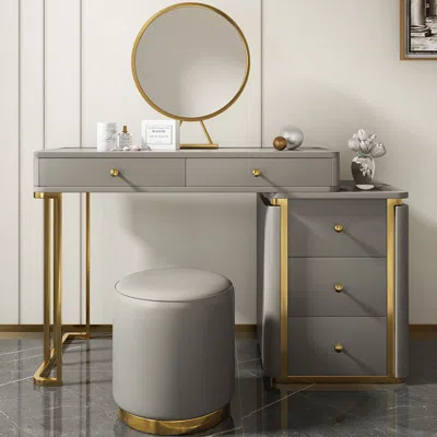 Homary Makeup Vanity Set With Drawers Retractable Dressing Table Stool & Mirror & Cabinet Included In Gold