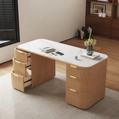 Homary Marble Rectangle Home Office Desk With 6 Drawers White Executive Writing Desk (63.8") In Brown