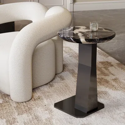 Homary Marble Top C-shape Side Table Modern Black & Silver End Table