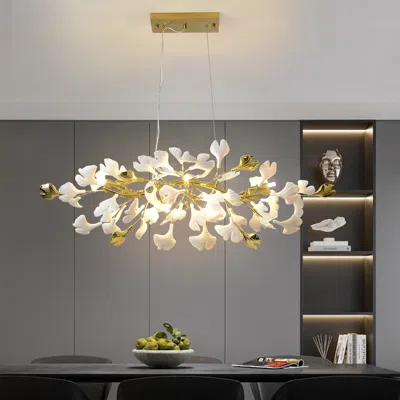 Homary Martly 6-light Art Deco Ginkgo Leaves Chandelier White & Gold Metal Ceiling Light