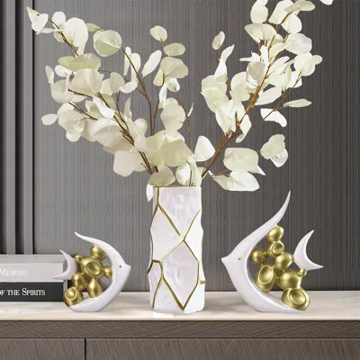 Homary Matte Gold Pair Of Fish Resin Ornaments White Artificial Plant Arrangement In Gold Vase