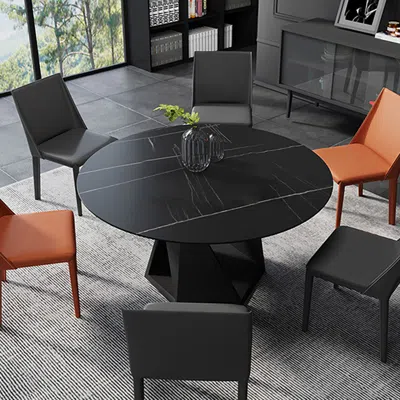 Homary Mhexagon 51.2" Classic Black Round Sintered Stone Top Dining Table Carbon Steel Base