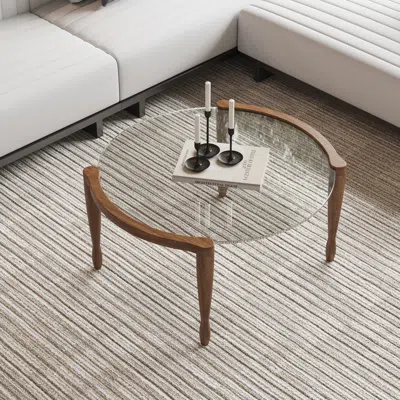 Homary Mid Century Modern Glass And Walnut Round Coffee Table With Wood Legs In Brown